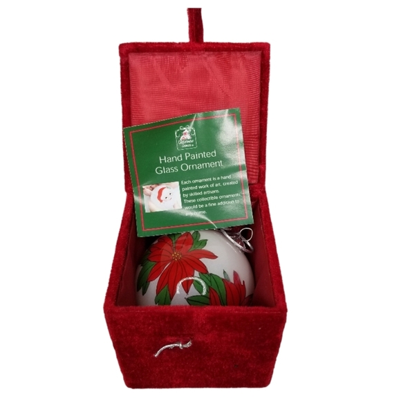 Reverse Glass Hand Painted Poinsettia Christmas Tree Ornament Red Velvet Box 3" - Picture 3 of 5